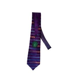 Versace Silk Tie 90s Medusa head Purple Striped Made in Spain luxury Y2K